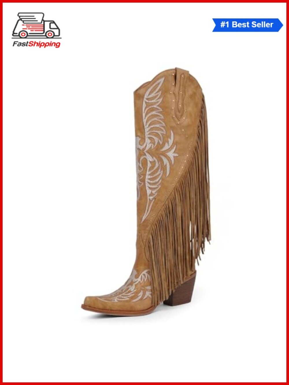 ✨ Fringe Cowgirl Boots Knee High Western Pointed Toe Block Heel Faux Leather